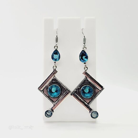 Unique Blue Topaz Handmade Drop Dangle Earrings Jewelry 2.95" - Picture 7 of 7